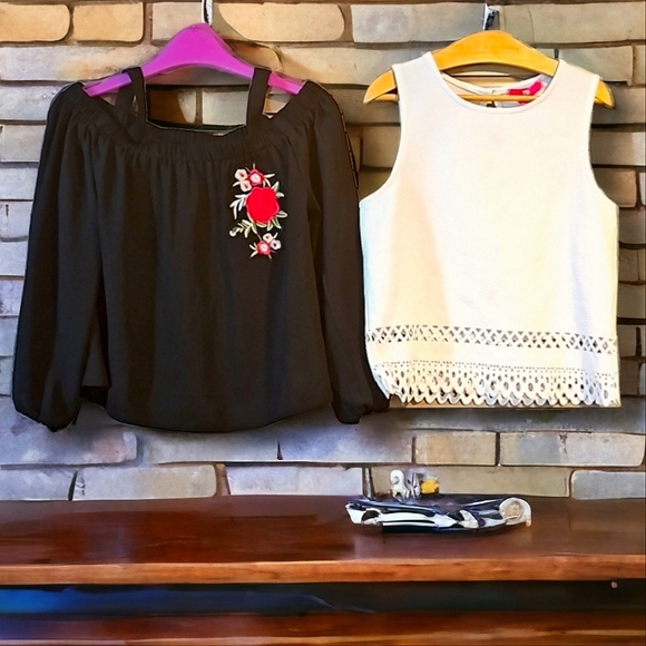 various Other - VGC Summer tops 8-9 yrs Girls Bundle, black off the shoulder top, white t-shirt